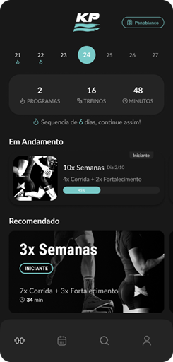 Aplicativo Keep Pushing - Tela Principal Modo Escuro